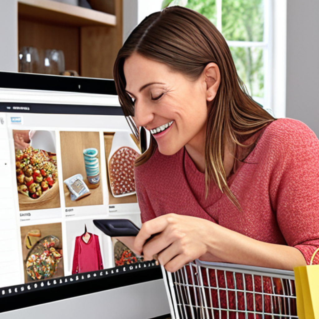 ** Woman in her 30s, working mom, enjoying the online shopping experience of adding items to her cart. Bright, positive atmosphere.

**